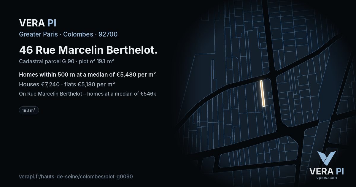 46 Rue Marcelin Berthelot, Colombes at night – the plot lit, the parcels around coloured by the prices near them