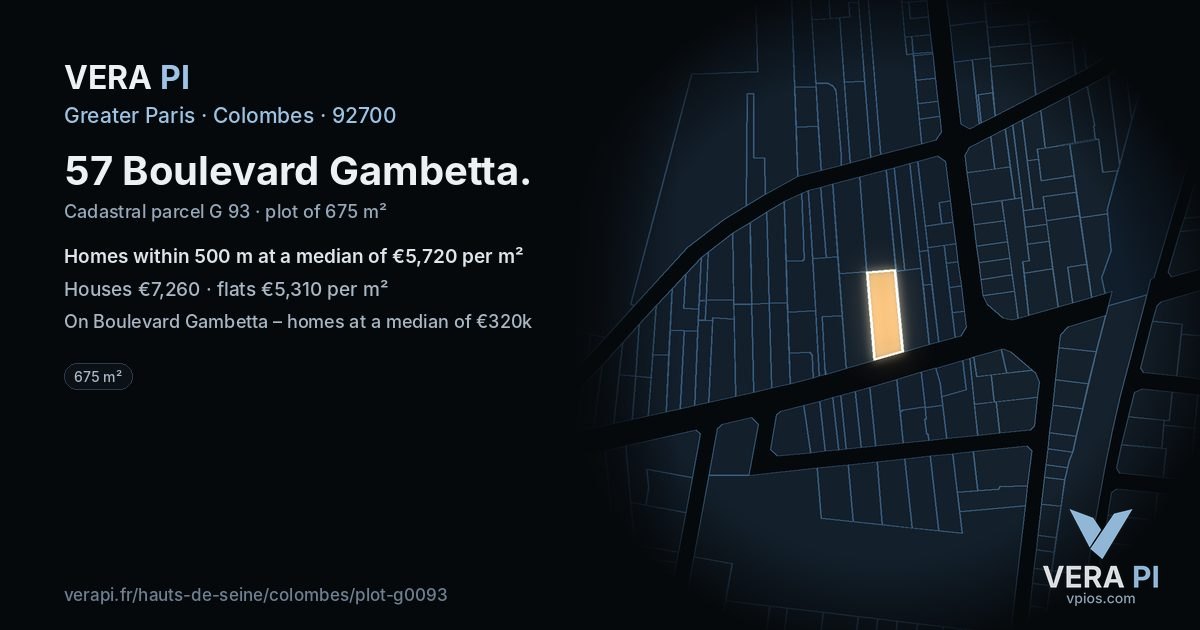 57 Boulevard Gambetta, Colombes at night – the plot lit, the parcels around coloured by the prices near them