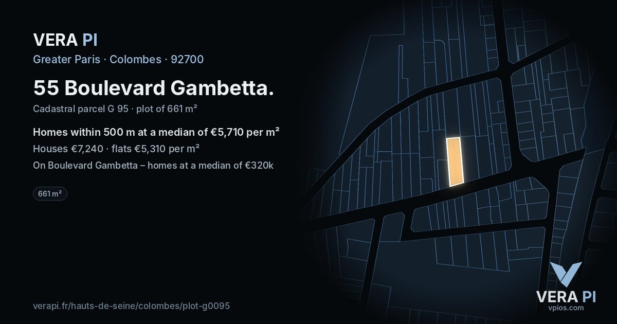 55 Boulevard Gambetta, Colombes at night – the plot lit, the parcels around coloured by the prices near them