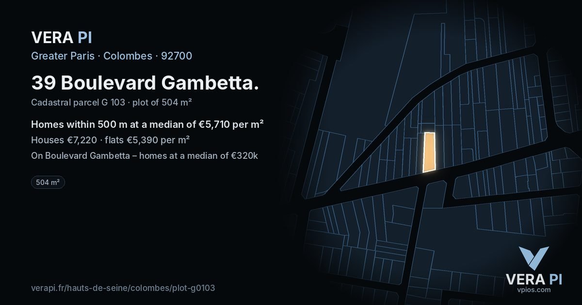 39 Boulevard Gambetta, Colombes at night – the plot lit, the parcels around coloured by the prices near them