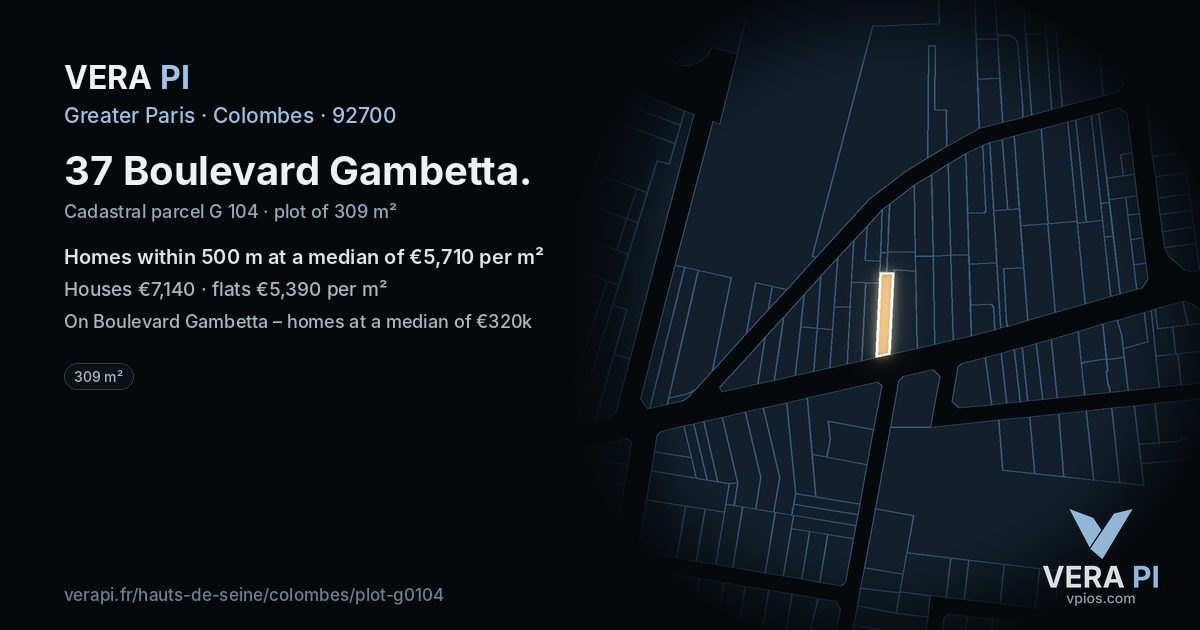 37 Boulevard Gambetta, Colombes at night – the plot lit, the parcels around coloured by the prices near them