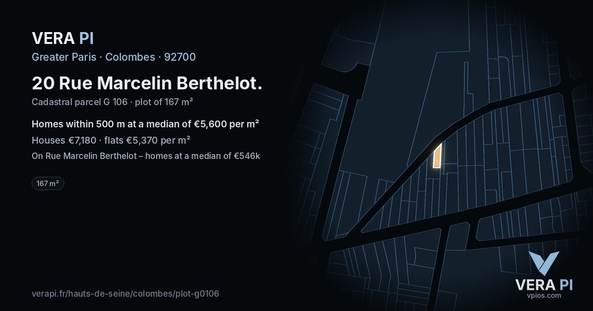 20 Rue Marcelin Berthelot, Colombes at night – the plot lit, the parcels around coloured by the prices near them