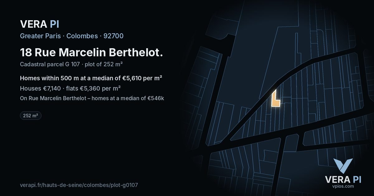 18 Rue Marcelin Berthelot, Colombes at night – the plot lit, the parcels around coloured by the prices near them