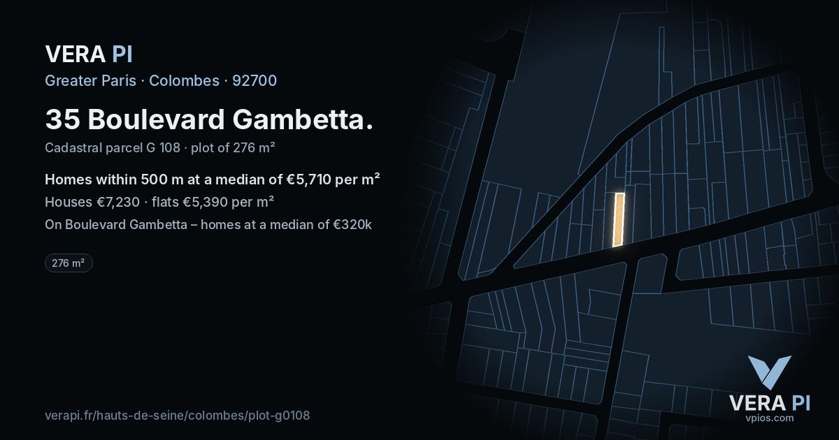 35 Boulevard Gambetta, Colombes at night – the plot lit, the parcels around coloured by the prices near them