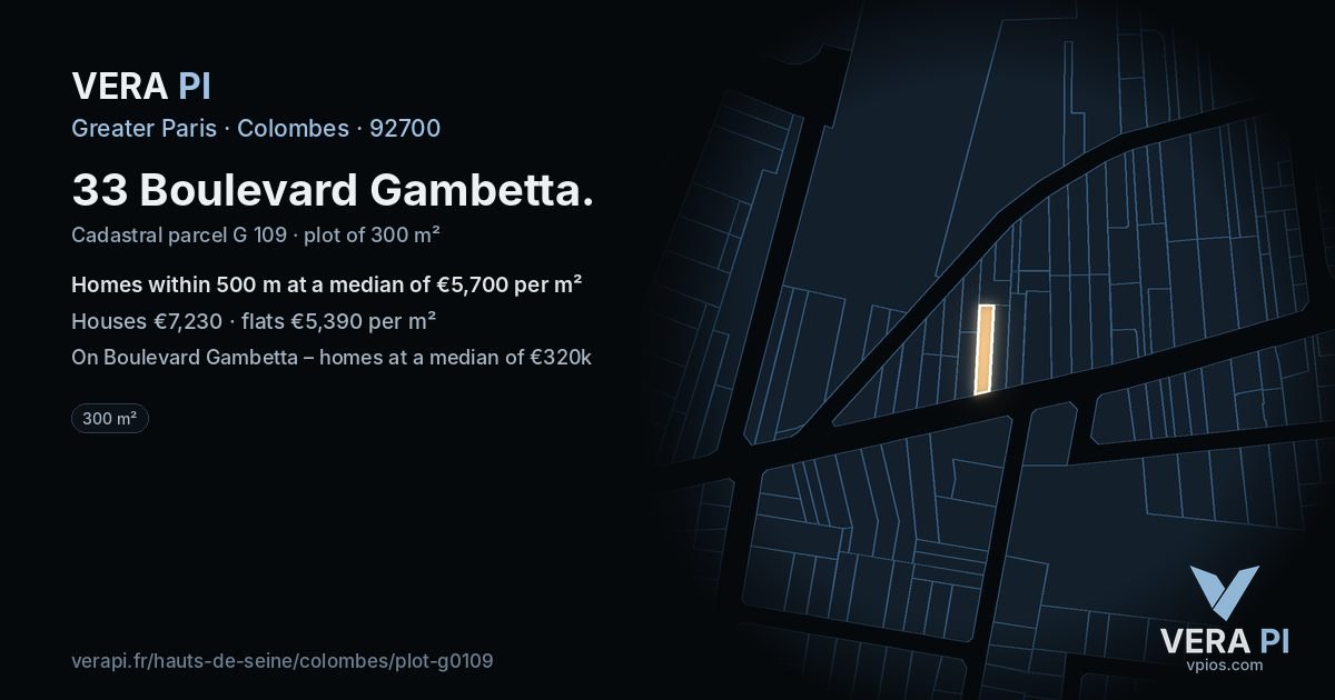33 Boulevard Gambetta, Colombes at night – the plot lit, the parcels around coloured by the prices near them