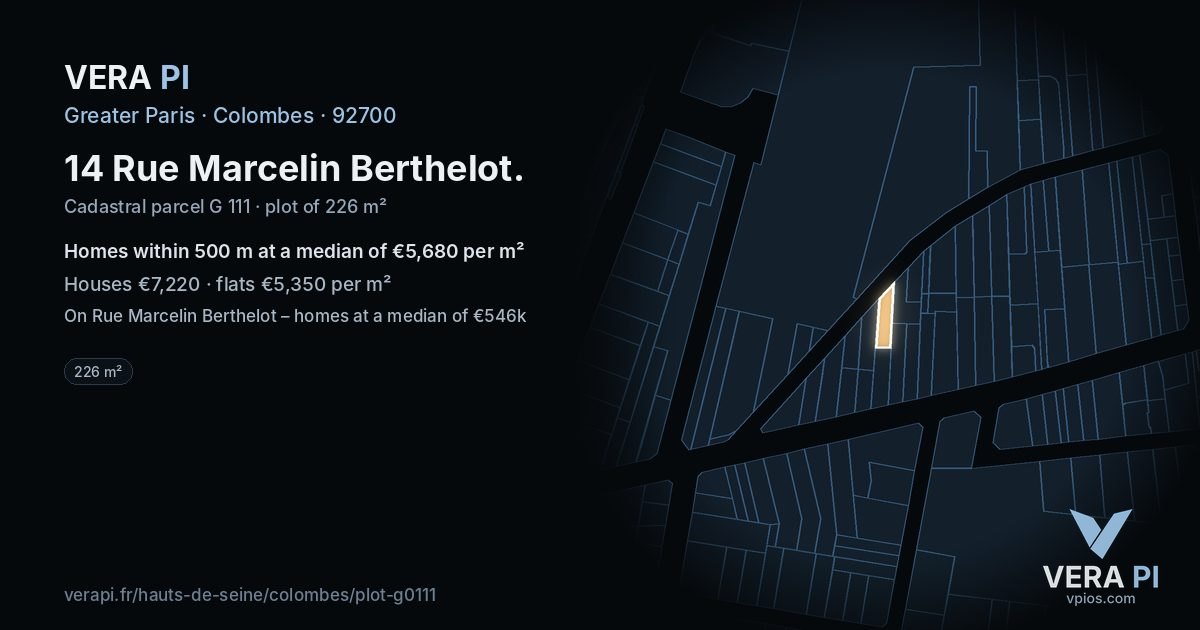 14 Rue Marcelin Berthelot, Colombes at night – the plot lit, the parcels around coloured by the prices near them