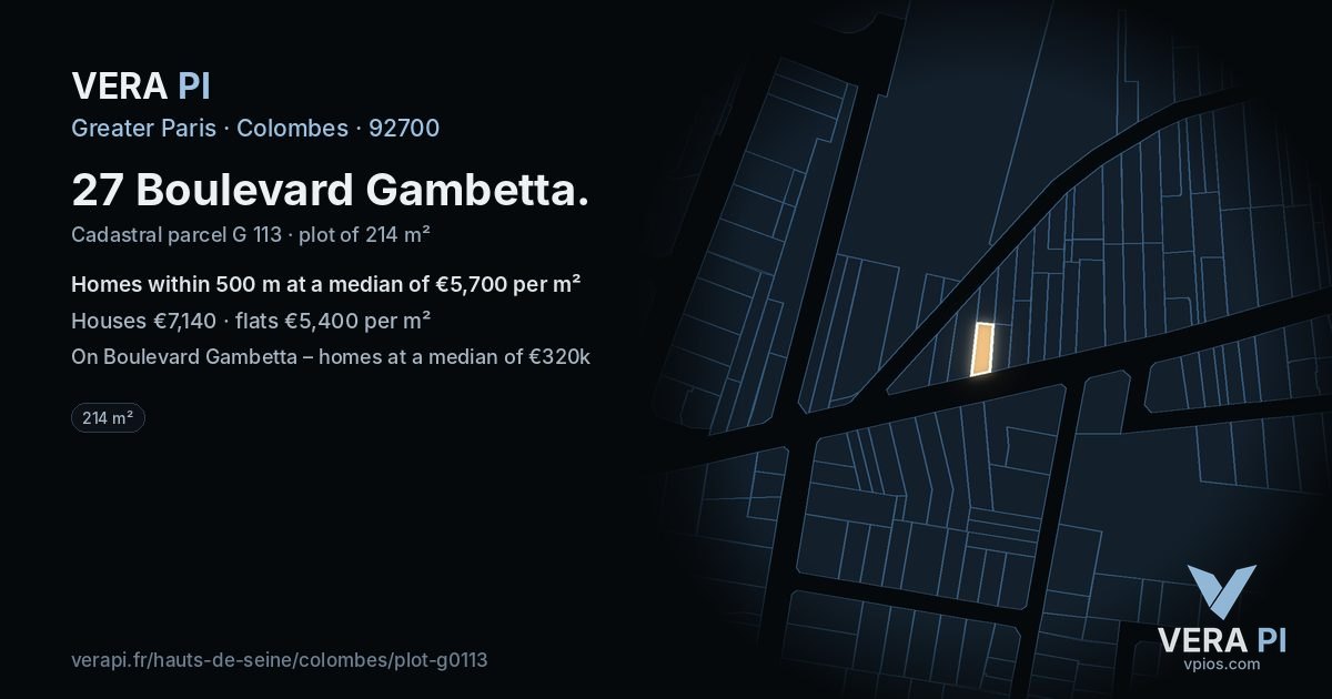 27 Boulevard Gambetta, Colombes at night – the plot lit, the parcels around coloured by the prices near them