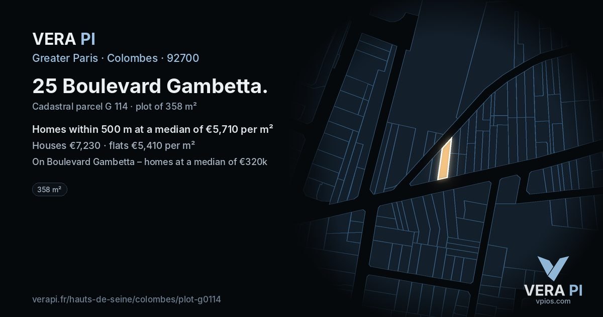 25 Boulevard Gambetta, Colombes at night – the plot lit, the parcels around coloured by the prices near them