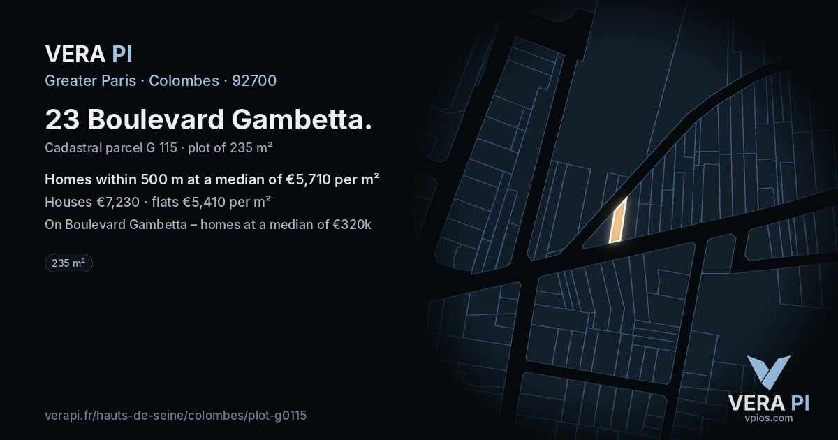 23 Boulevard Gambetta, Colombes at night – the plot lit, the parcels around coloured by the prices near them
