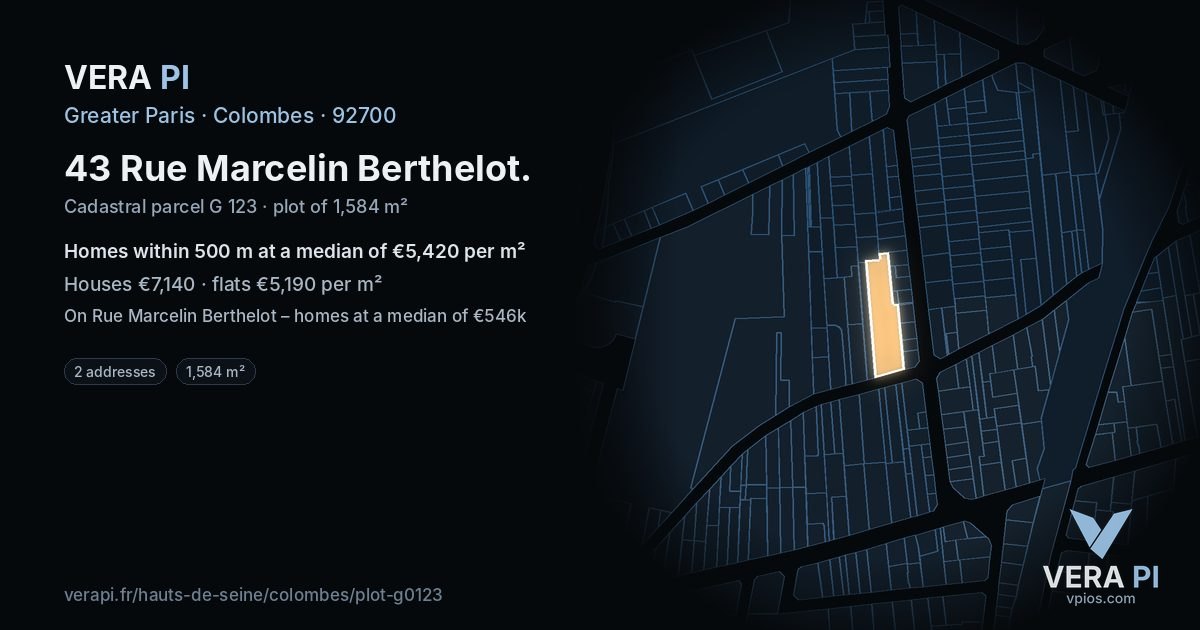 43 Rue Marcelin Berthelot, Colombes at night – the plot lit, the parcels around coloured by the prices near them