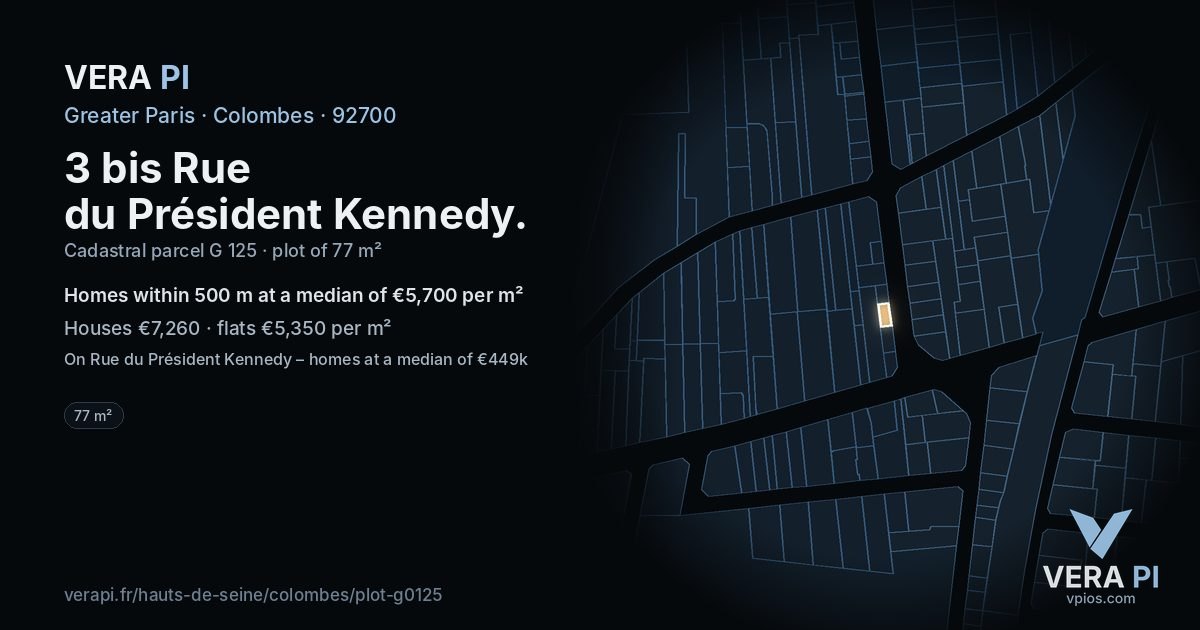 3 bis Rue du Président Kennedy, Colombes at night – the plot lit, the parcels around coloured by the prices near them
