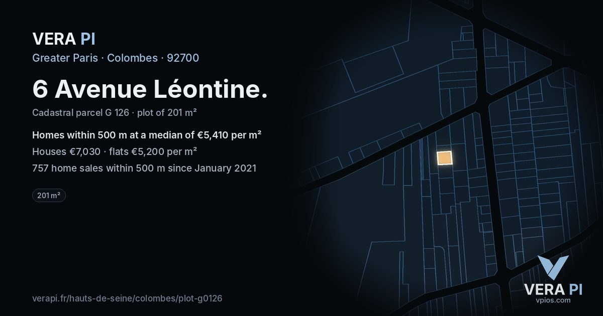 6 Avenue Léontine, Colombes at night – the plot lit, the parcels around coloured by the prices near them
