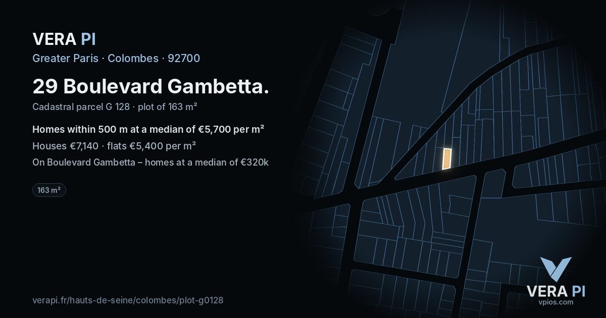 29 Boulevard Gambetta, Colombes at night – the plot lit, the parcels around coloured by the prices near them