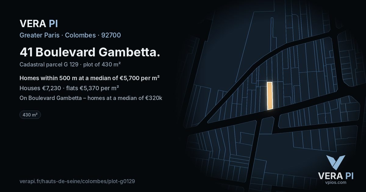 41 Boulevard Gambetta, Colombes at night – the plot lit, the parcels around coloured by the prices near them
