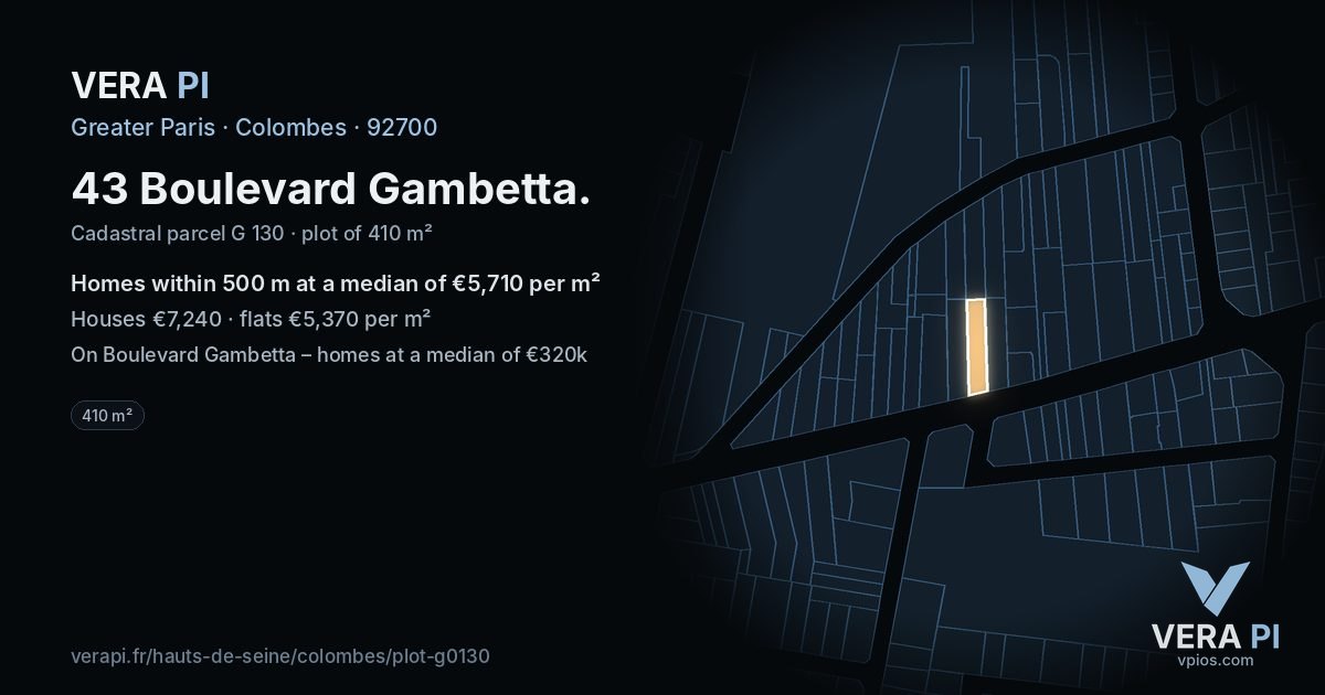 43 Boulevard Gambetta, Colombes at night – the plot lit, the parcels around coloured by the prices near them