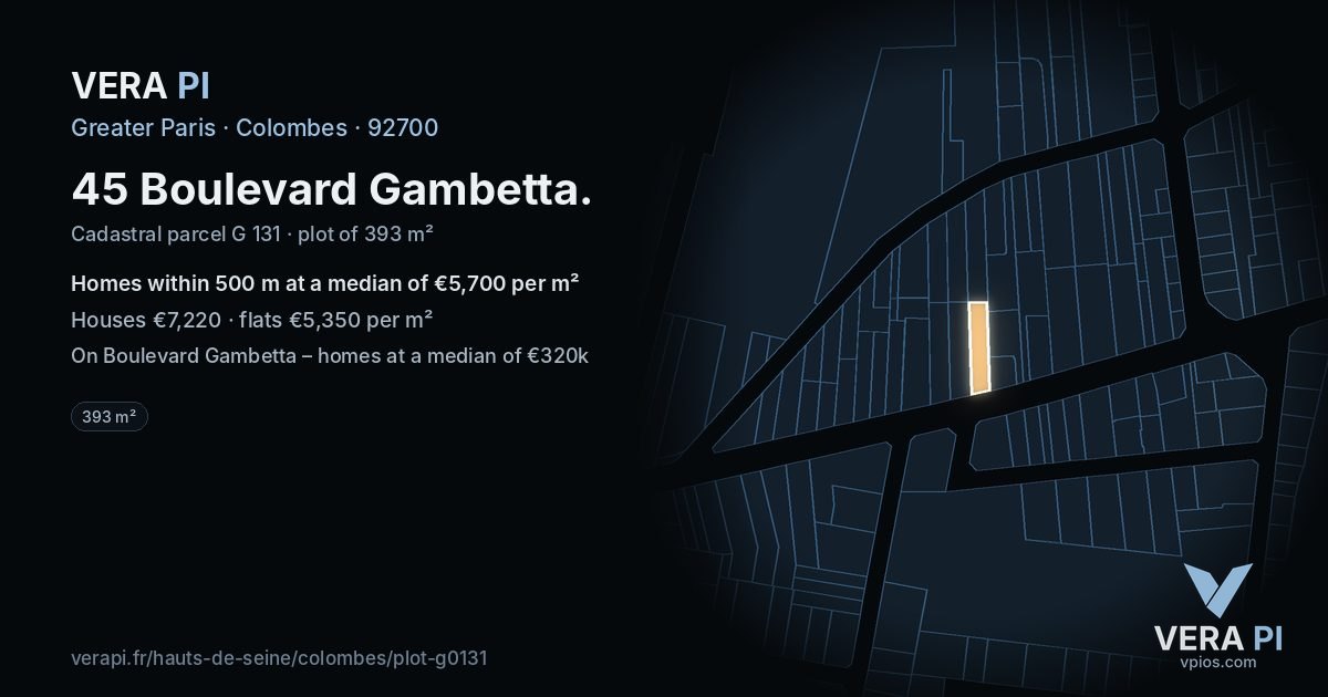 45 Boulevard Gambetta, Colombes at night – the plot lit, the parcels around coloured by the prices near them