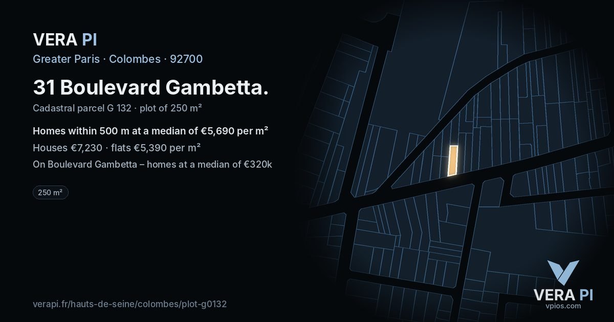 31 Boulevard Gambetta, Colombes at night – the plot lit, the parcels around coloured by the prices near them