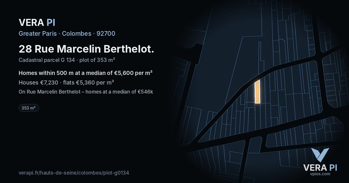 28 Rue Marcelin Berthelot, Colombes at night – the plot lit, the parcels around coloured by the prices near them