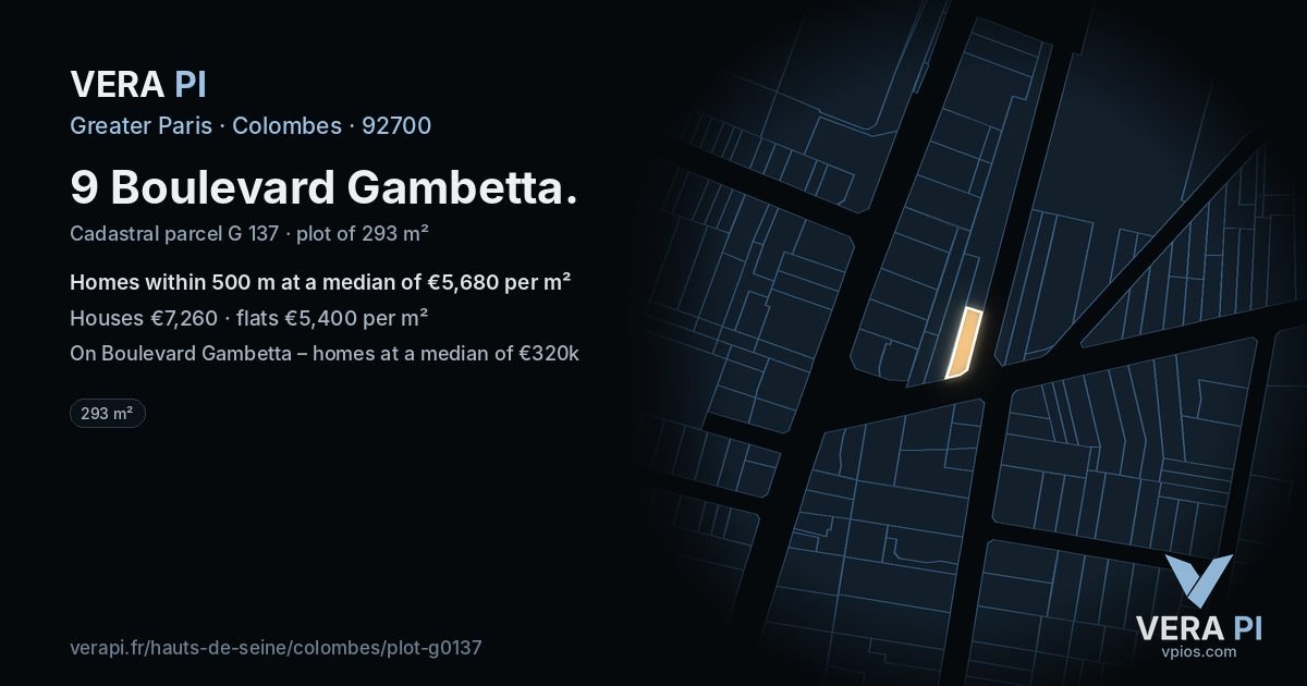 9 Boulevard Gambetta, Colombes at night – the plot lit, the parcels around coloured by the prices near them