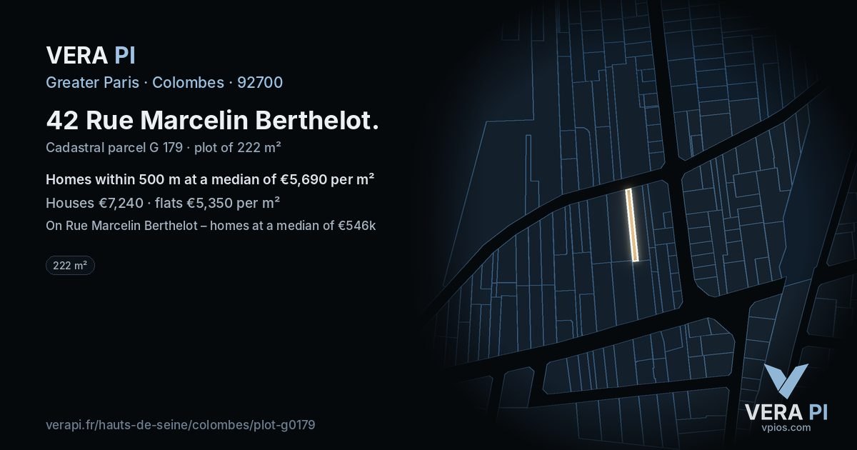 42 Rue Marcelin Berthelot, Colombes at night – the plot lit, the parcels around coloured by the prices near them