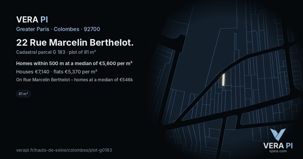 22 Rue Marcelin Berthelot, Colombes at night – the plot lit, the parcels around coloured by the prices near them