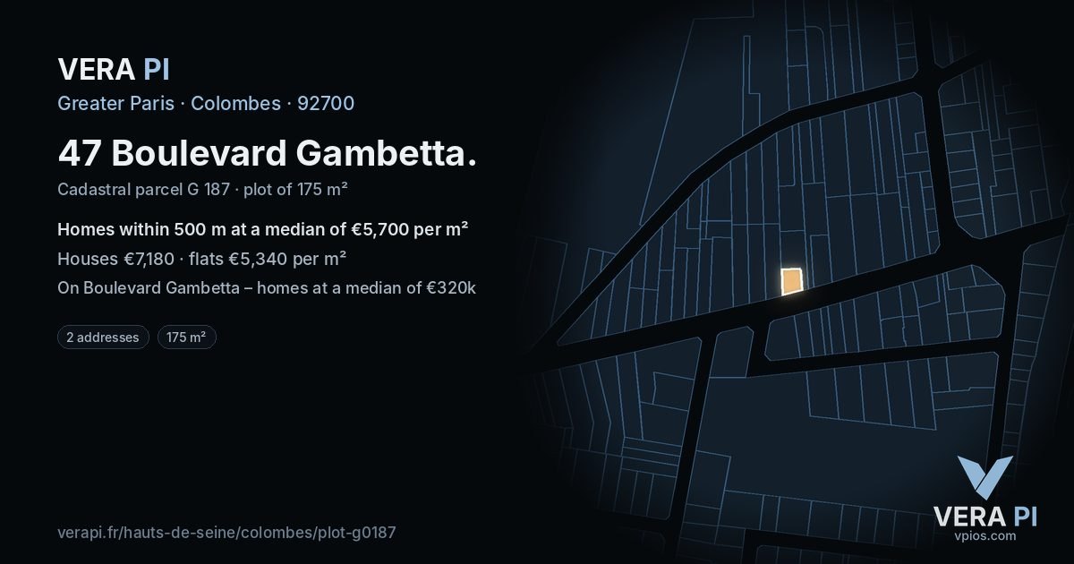 47 Boulevard Gambetta, Colombes at night – the plot lit, the parcels around coloured by the prices near them
