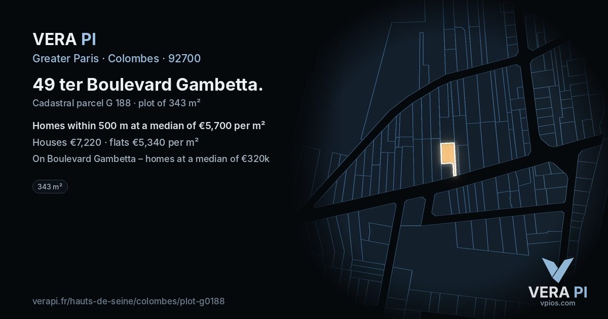 49 ter Boulevard Gambetta, Colombes at night – the plot lit, the parcels around coloured by the prices near them
