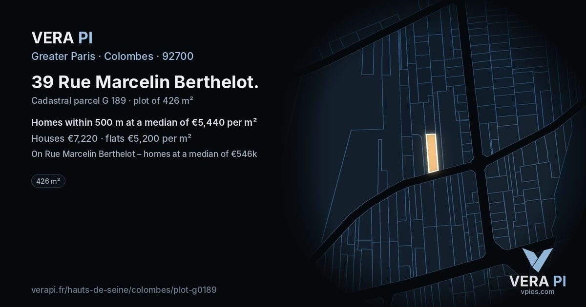 39 Rue Marcelin Berthelot, Colombes at night – the plot lit, the parcels around coloured by the prices near them