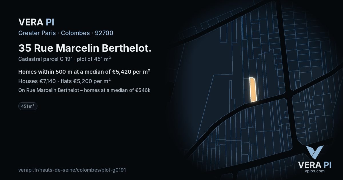 35 Rue Marcelin Berthelot, Colombes at night – the plot lit, the parcels around coloured by the prices near them