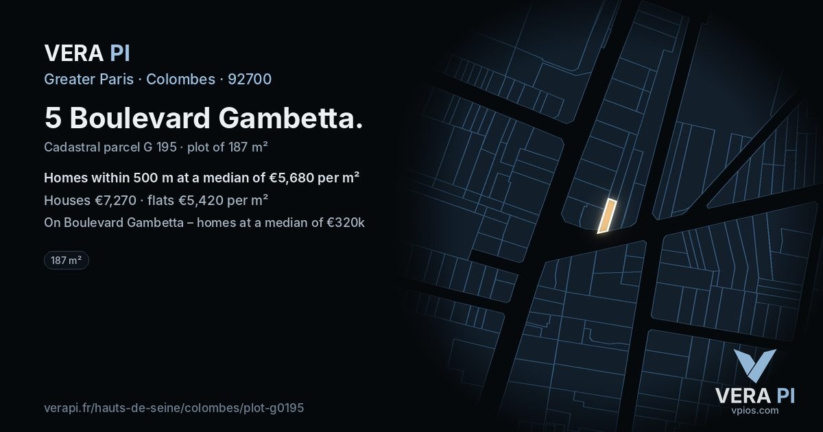 5 Boulevard Gambetta, Colombes at night – the plot lit, the parcels around coloured by the prices near them