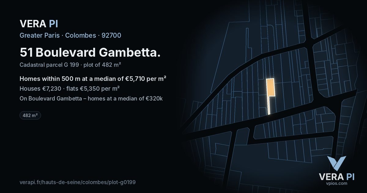 51 Boulevard Gambetta, Colombes at night – the plot lit, the parcels around coloured by the prices near them