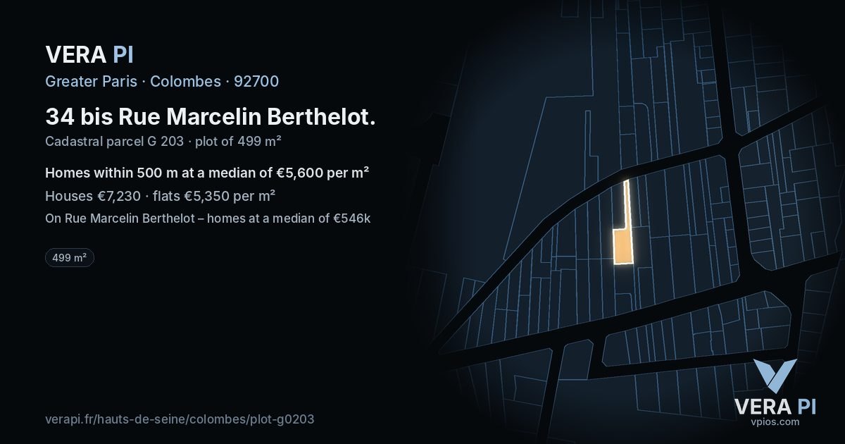 34 bis Rue Marcelin Berthelot, Colombes at night – the plot lit, the parcels around coloured by the prices near them