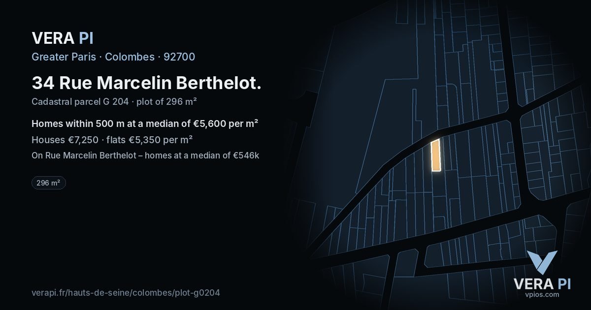 34 Rue Marcelin Berthelot, Colombes at night – the plot lit, the parcels around coloured by the prices near them