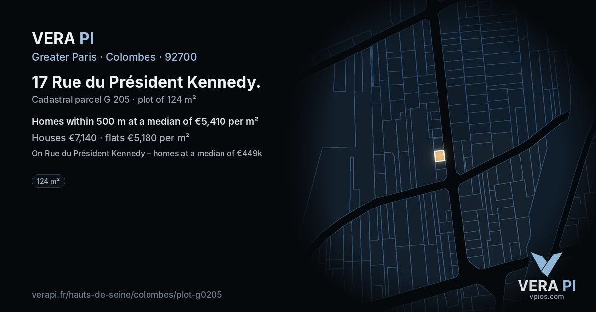 17 Rue du Président Kennedy, Colombes at night – the plot lit, the parcels around coloured by the prices near them