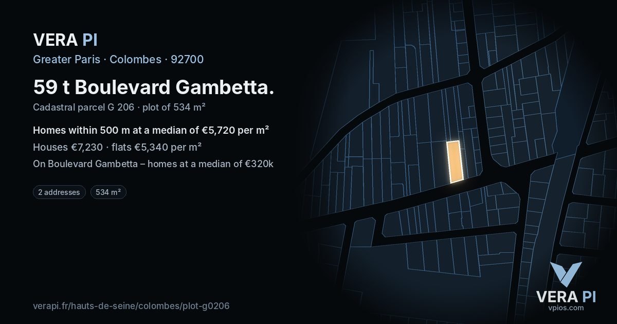 59 t Boulevard Gambetta, Colombes at night – the plot lit, the parcels around coloured by the prices near them