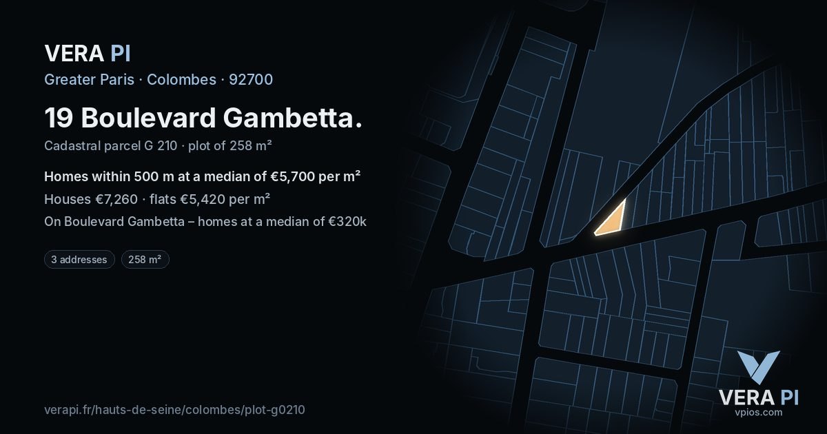 19 Boulevard Gambetta, Colombes at night – the plot lit, the parcels around coloured by the prices near them