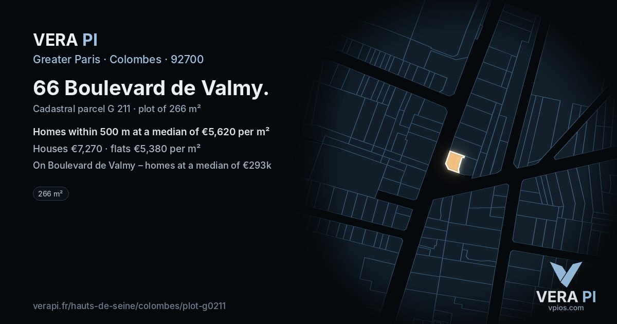 66 Boulevard de Valmy, Colombes at night – the plot lit, the parcels around coloured by the prices near them