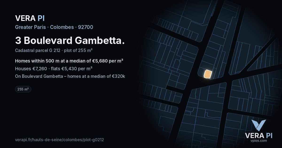 3 Boulevard Gambetta, Colombes at night – the plot lit, the parcels around coloured by the prices near them