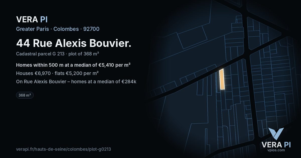 44 Rue Alexis Bouvier, Colombes at night – the plot lit, the parcels around coloured by the prices near them
