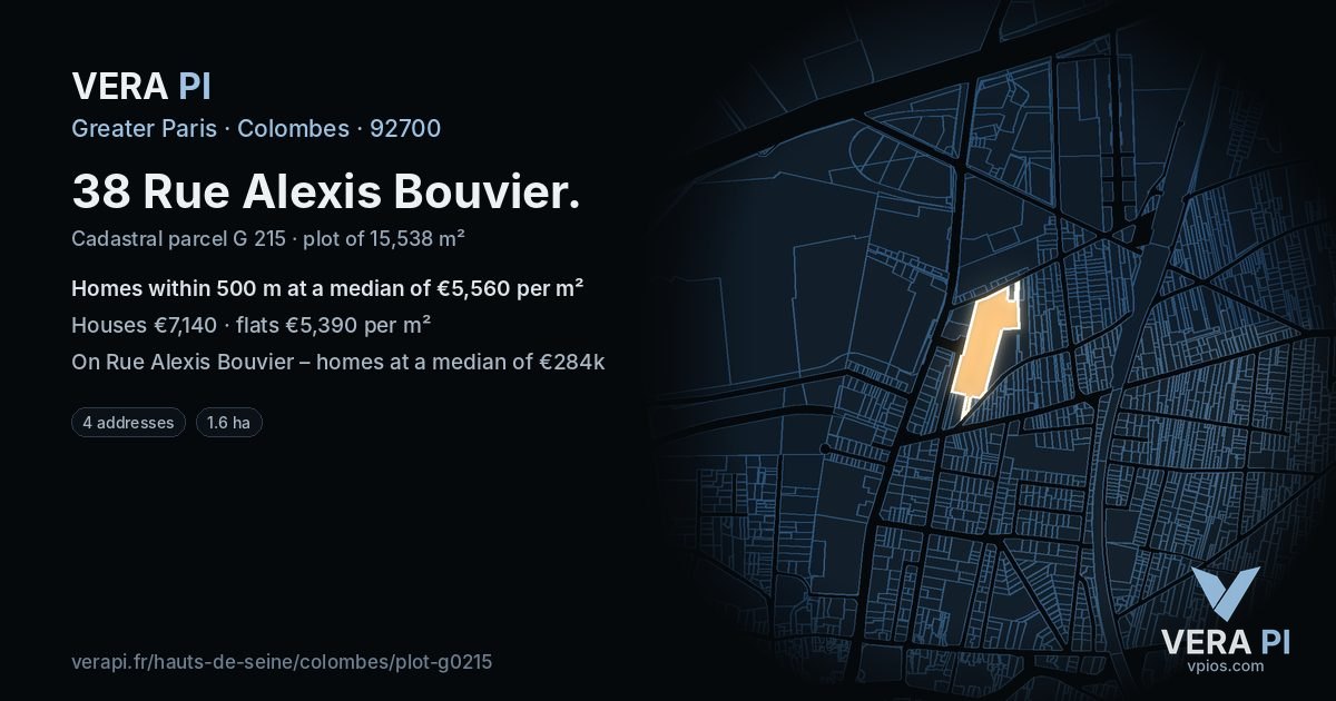 38 Rue Alexis Bouvier, Colombes at night – the plot lit, the parcels around coloured by the prices near them