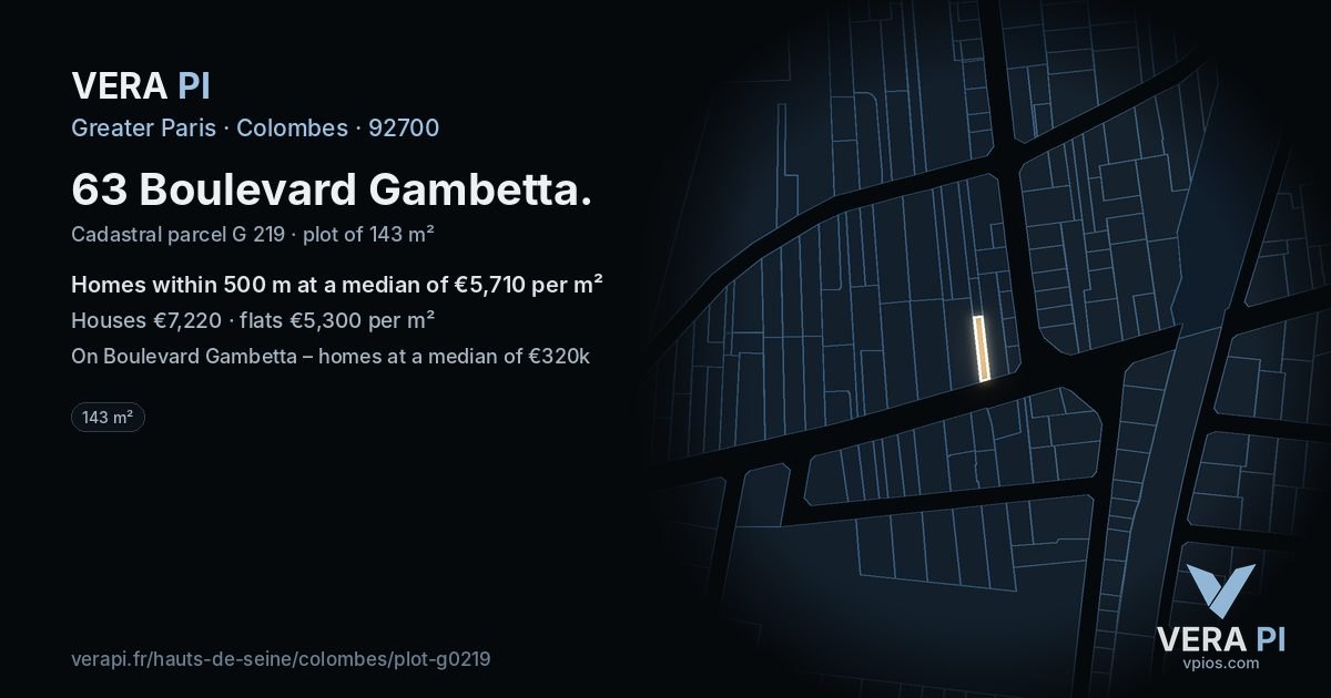 63 Boulevard Gambetta, Colombes at night – the plot lit, the parcels around coloured by the prices near them