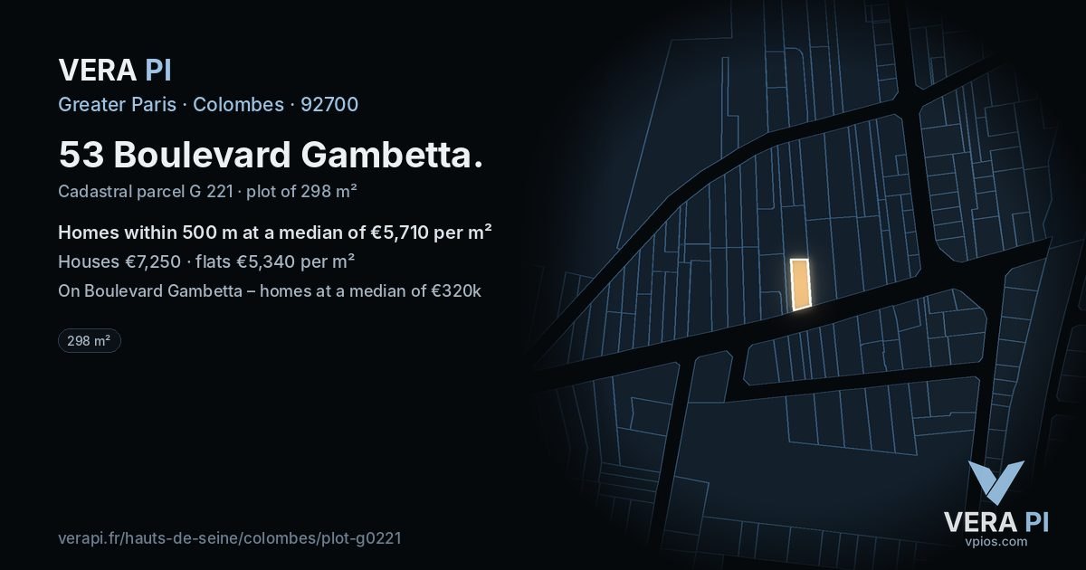 53 Boulevard Gambetta, Colombes at night – the plot lit, the parcels around coloured by the prices near them