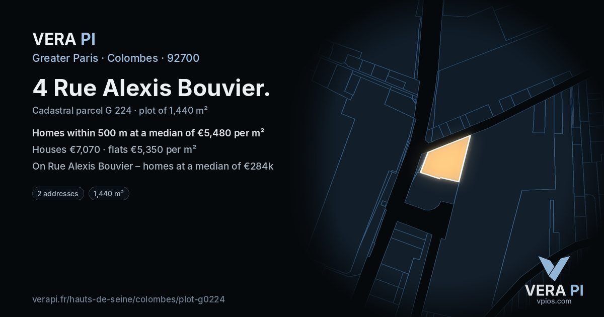 4 Rue Alexis Bouvier, Colombes at night – the plot lit, the parcels around coloured by the prices near them