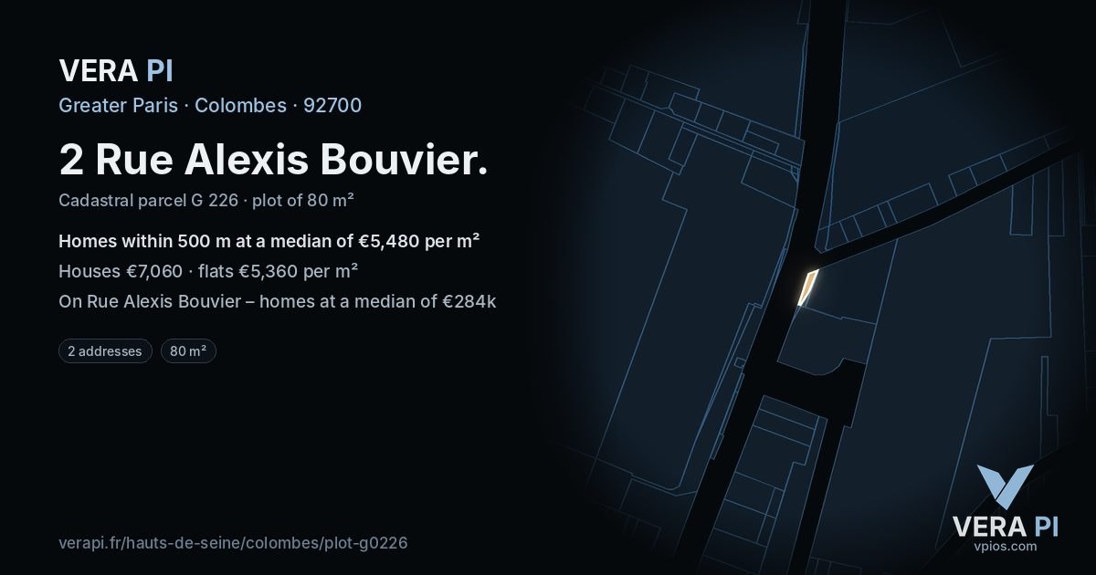 2 Rue Alexis Bouvier, Colombes at night – the plot lit, the parcels around coloured by the prices near them