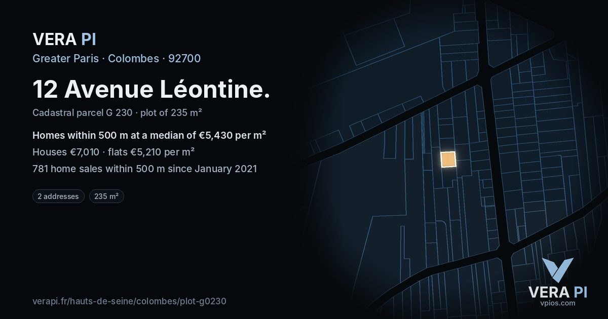 12 Avenue Léontine, Colombes at night – the plot lit, the parcels around coloured by the prices near them