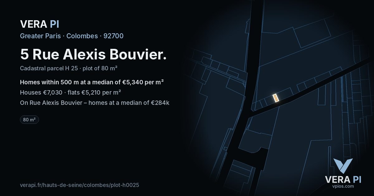 5 Rue Alexis Bouvier, Colombes at night – the plot lit, the parcels around coloured by the prices near them