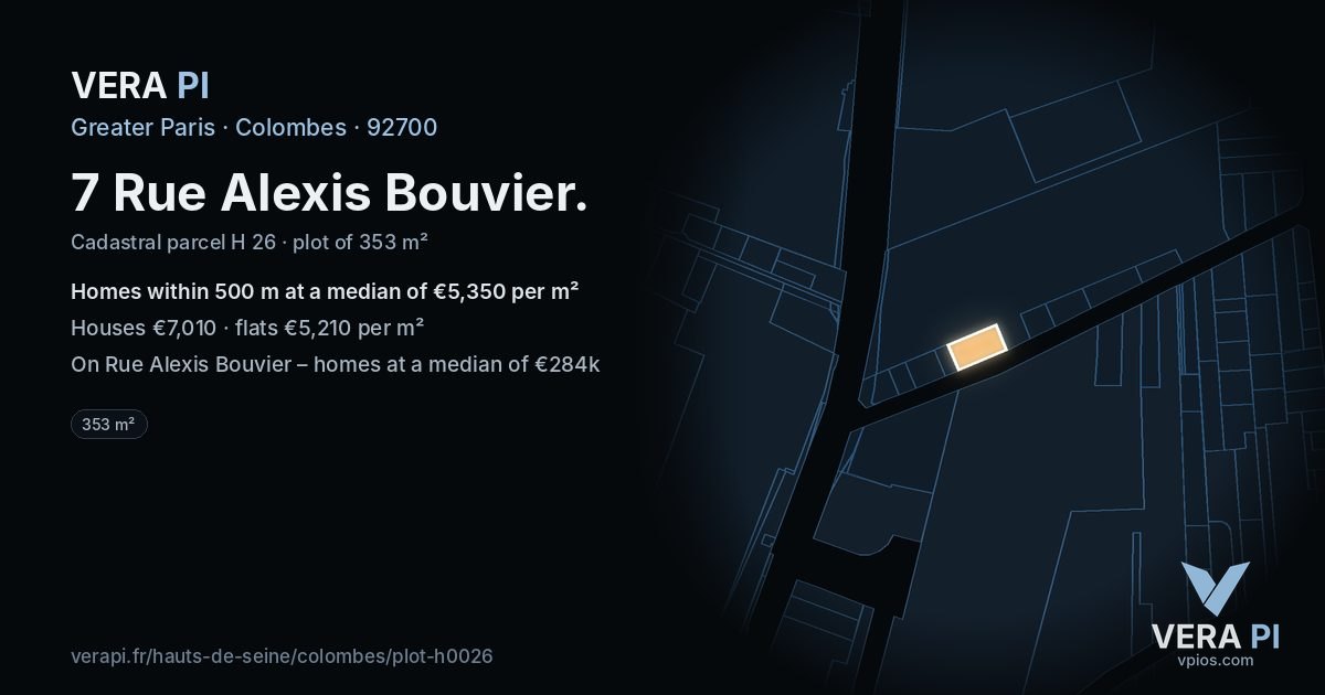7 Rue Alexis Bouvier, Colombes at night – the plot lit, the parcels around coloured by the prices near them