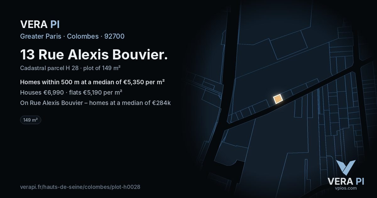13 Rue Alexis Bouvier, Colombes at night – the plot lit, the parcels around coloured by the prices near them