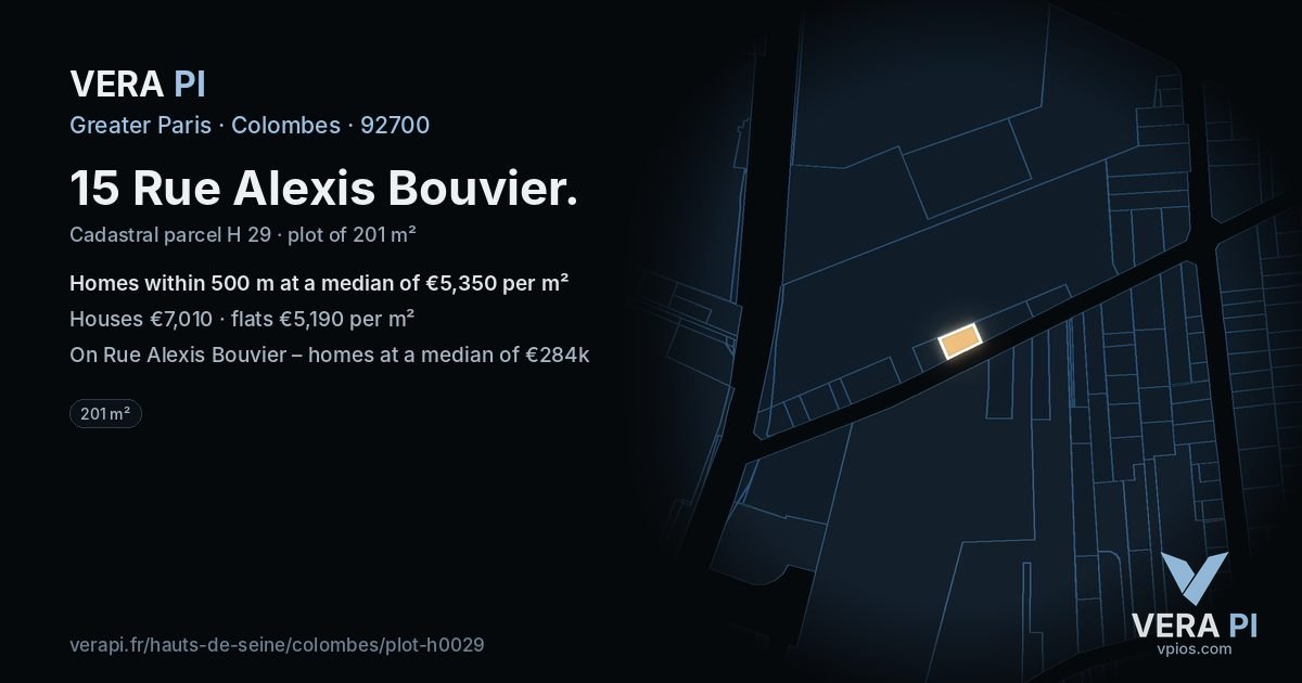 15 Rue Alexis Bouvier, Colombes at night – the plot lit, the parcels around coloured by the prices near them