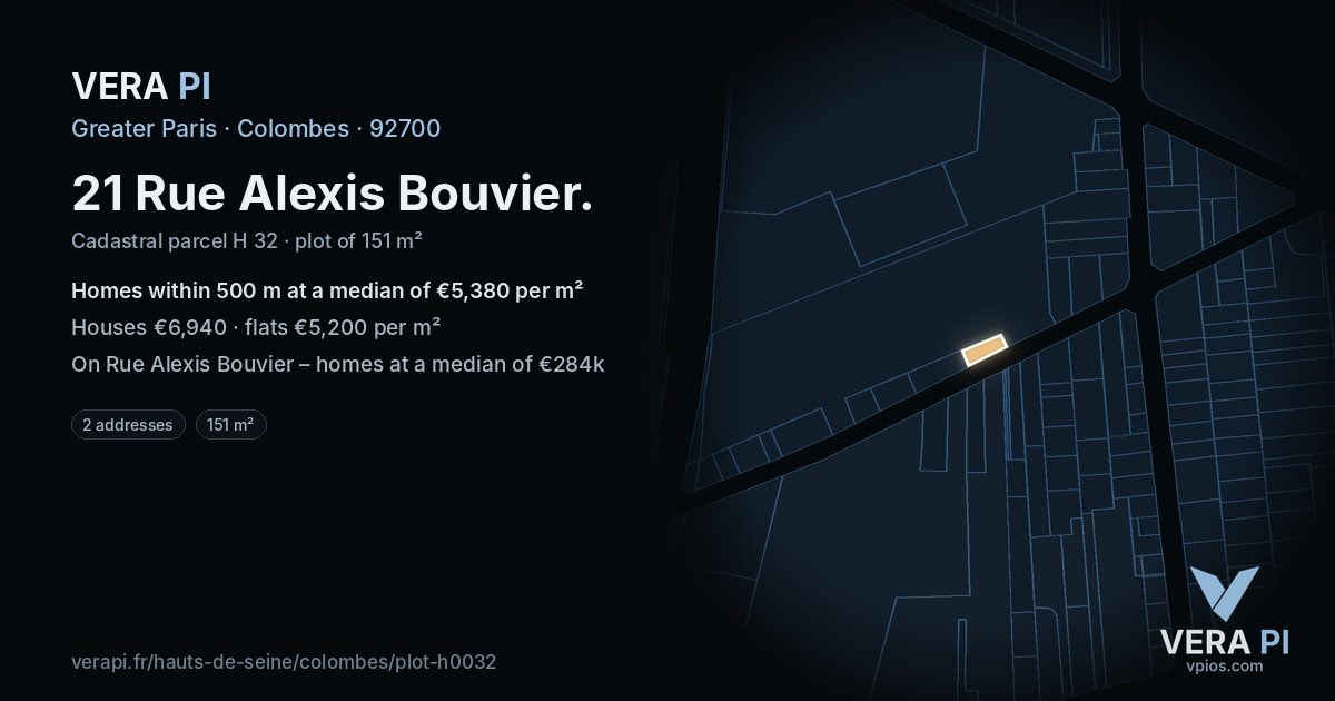 21 Rue Alexis Bouvier, Colombes at night – the plot lit, the parcels around coloured by the prices near them